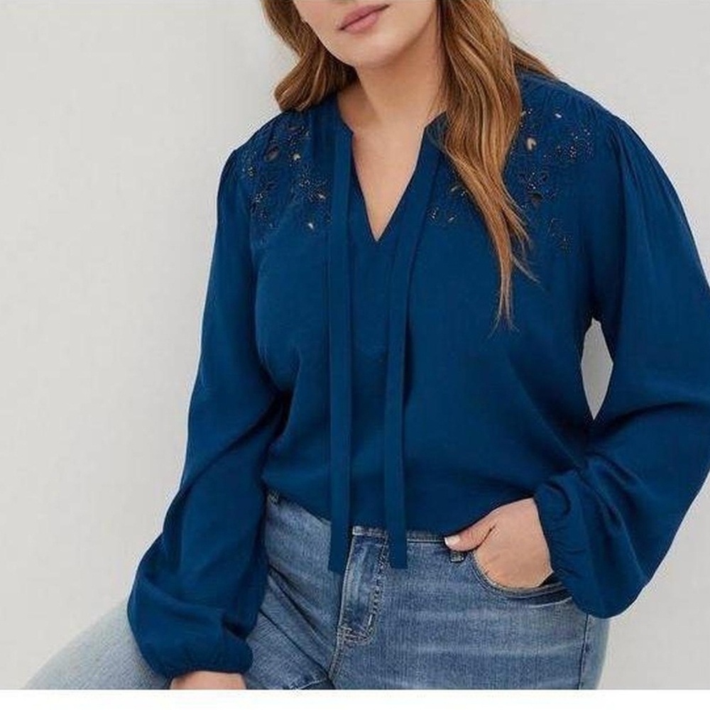 Torrid Blue Bishop Sleeve Blouse with Tie Front